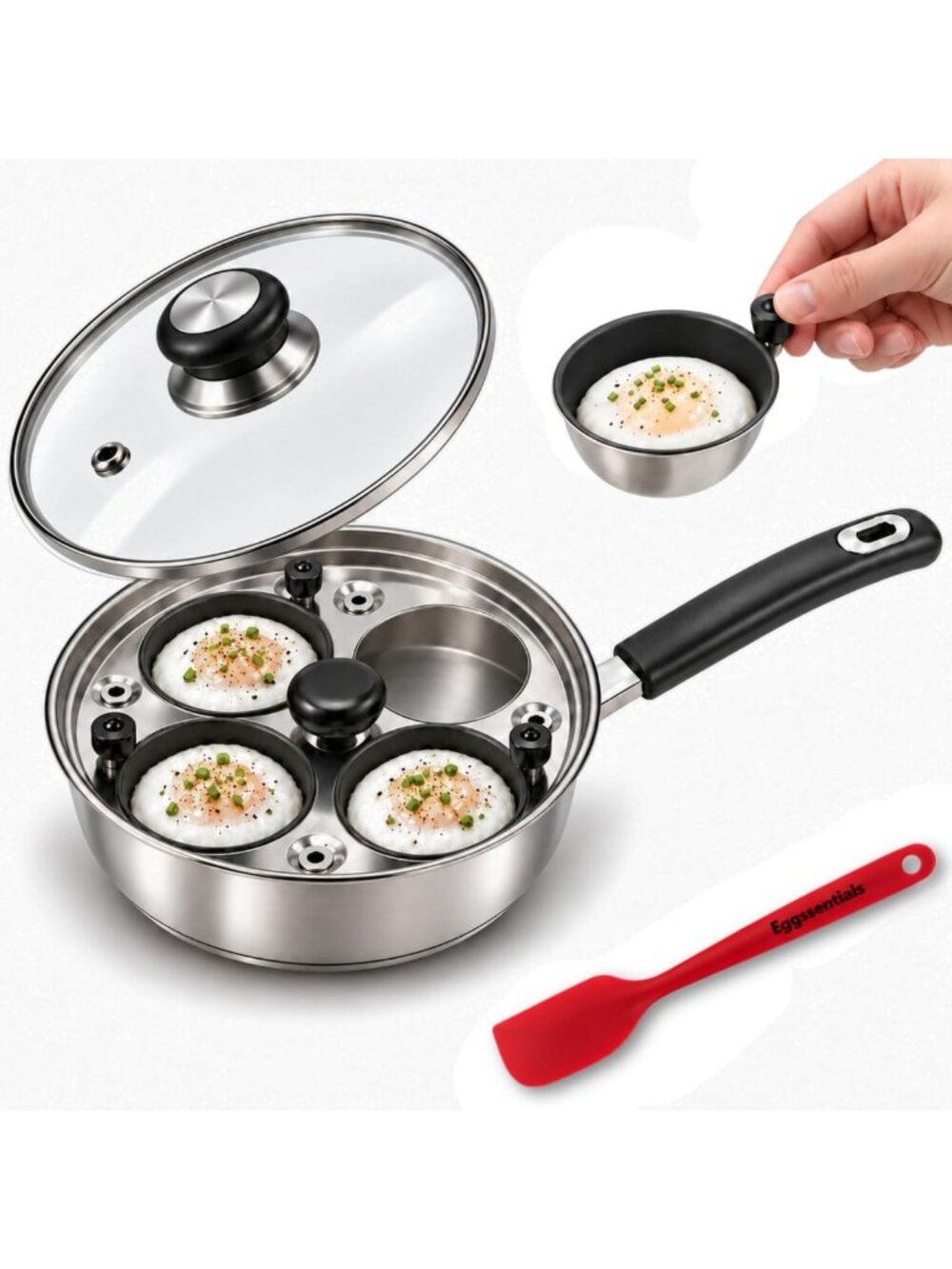 Stainless Steel Egg Poacher Pan - Food Grade Safe, PFOA Free, Includes Spatula